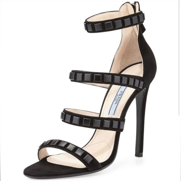 Prada Suede Studded Black Ankle Strap Sandals - Picture 2 of 5